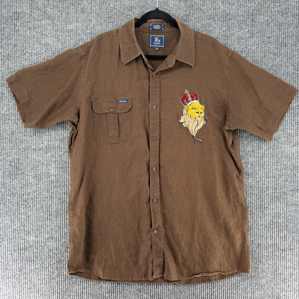 Vintage Y2K LRG Woven Roots & Equipment linen shirt mens 2XL brown short sleeve - Picture 3 of 11